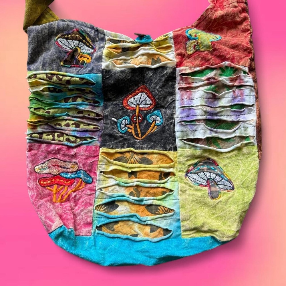 Kathamandu Imports patchwork mushroom shoulder bag boho hippie Cotton Nepal